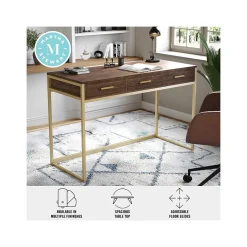 Martha Stewart Office Desks<Ollie 47"W Home Office Desk with 3 Drawers, Walnut/Polished Brass (ZGZP028BRGLD)