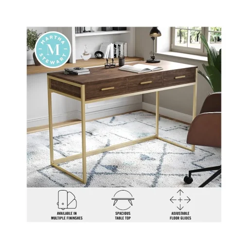 Martha Stewart Office Desks<Ollie 47"W Home Office Desk with 3 Drawers, Walnut/Polished Brass (ZGZP028BRGLD)