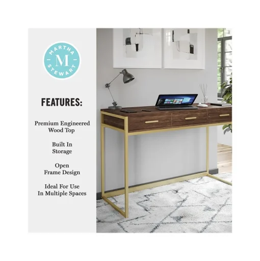 Martha Stewart Office Desks<Ollie 47"W Home Office Desk with 3 Drawers, Walnut/Polished Brass (ZGZP028BRGLD)