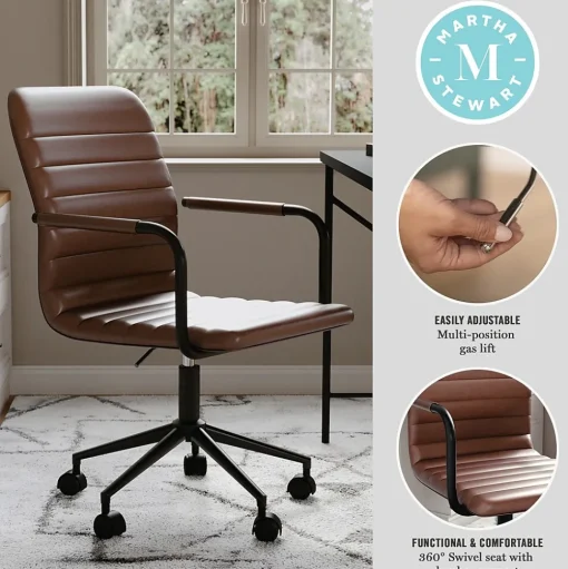 Martha Stewart Office Chairs<Taytum Faux Leather Swivel Office Chair, Saddle Brown/Oil Rubbed Bronze (CH142370BRBK)