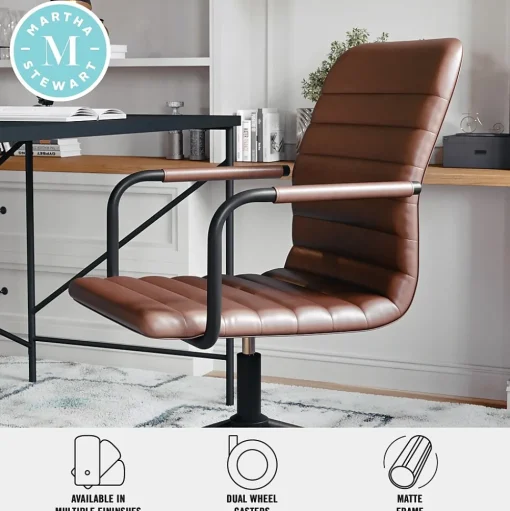 Martha Stewart Office Chairs<Taytum Faux Leather Swivel Office Chair, Saddle Brown/Oil Rubbed Bronze (CH142370BRBK)