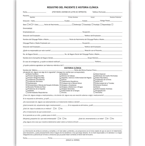 Medical Arts Press Medical Forms<® Dental Registration and Medical History Form, Spanish
