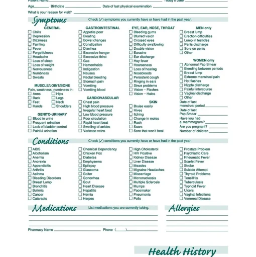 Medical Arts Press Medical Forms<® Health History Patient Care Form, Green FormFamily™