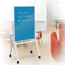 MooreCo Dry Erase<Visionary Curve Glass Mobile Dry-Erase Whiteboard, Metal Frame, 4' x 3' (74957-BLUE)