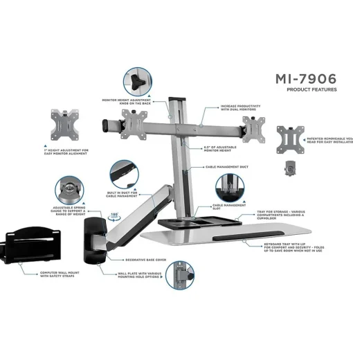 Mount-It! Standing Desks<Sit Stand Wall Mount Workstation, Articulating Standing Desk for Dual Monitors, Floating Keyboard Tray (MI-7906)