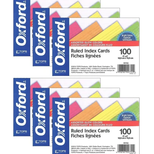 Oxford Index Cards<Glow Index Cards, 4" x 6", 100 Per Pack, 6 Packs (ESS99755-6)