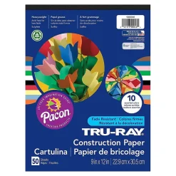 Pacon Construction Paper<9" x 12" Construction Paper, Assorted Colors, 50 Sheets/Pack, /Pad (P1000046)