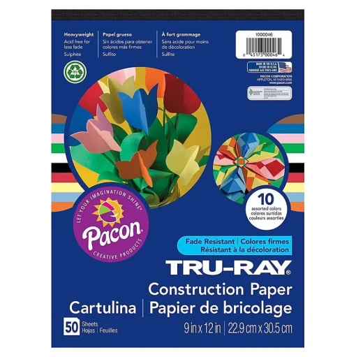 Pacon Construction Paper<9" x 12" Construction Paper, Assorted Colors, 50 Sheets/Pack, /Pad (P1000046)