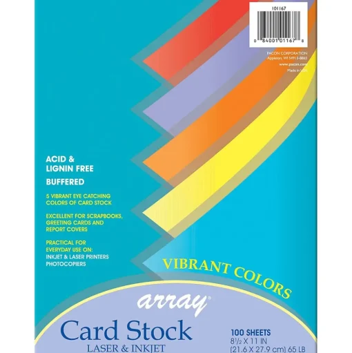 Pacon Card Stock<Array 65 lb. Cardstock Paper, 8.5" x 11", Assorted Colors, 100 Sheets/Pack, 2 Packs/Bundle (PAC101167)