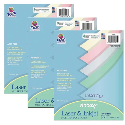 Pacon Classroom Paper<Array Computer Paper, 8.5" x 11", Assorted Pastel, 100 Sheets/Pack, 3/Pack (PAC101048-3)