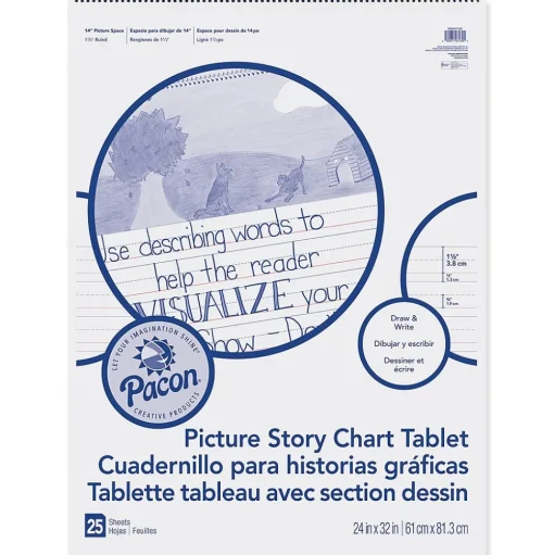 Pacon Easel Paper Pads<Picture Story Chart Tablet, White, Ruled Short, 1-1/2" Ruled, 24" x 32", 25 Sheets Per Pack, 2 Packs (PACMMK07430-2)