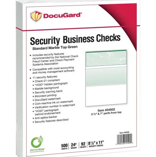 Paris Security & Carbon<DocuGard Standard 8.5" x 11" Business Security Check On Top, 24 lbs., Green, 500 Sheets/Ream, 2500/Carton (04502P)