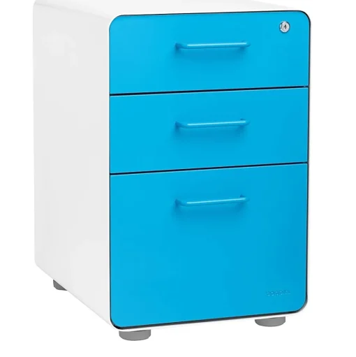 Poppin File Cabinets<Stow 3-Drawer Mobile Vertical File Cabinet, Letter/Legal Size, Lockable, 24"H x 15.75"W x 20"D, White and Blue (100429)
