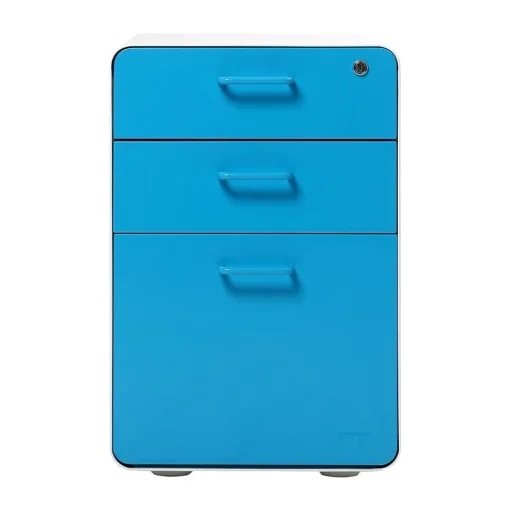 Poppin File Cabinets<Stow 3-Drawer Mobile Vertical File Cabinet, Letter/Legal Size, Lockable, 24"H x 15.75"W x 20"D, White and Blue (100429)