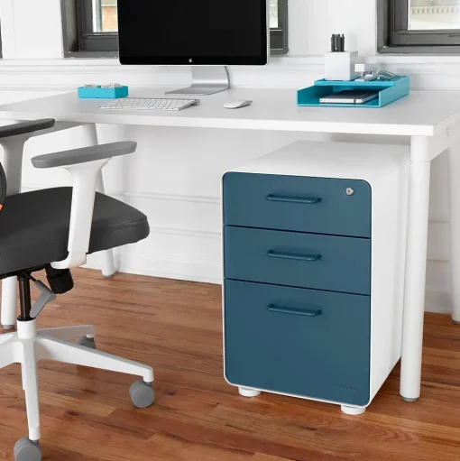 Poppin File Cabinets<Stow 3-Drawer Vertical Locking File Cabinet, White & Slate Blue, 16" (105944)
