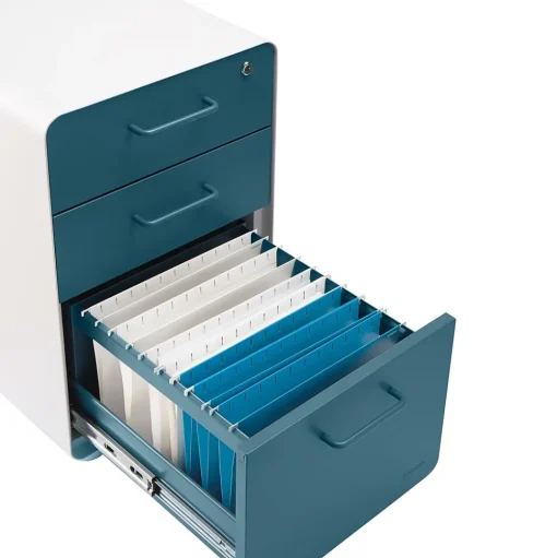 Poppin File Cabinets<Stow 3-Drawer Vertical Locking File Cabinet, White & Slate Blue, 16" (105944)