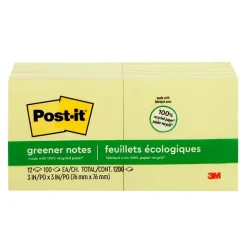 Post-it Post-It Notes<Greener Recycled Notes, 3" x 3", Canary Collection, 100 Sheet/Pad, 12 Pads/Pack (654-RP-YW)