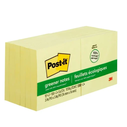 Post-it Post-It Notes<Greener Recycled Notes, 3" x 3", Canary Collection, 100 Sheet/Pad, 12 Pads/Pack (654-RP-YW)