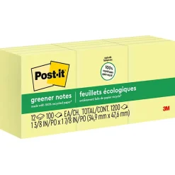 Post-it Post-It Notes<Recycled Notes, 1 3/8" x 1 7/8", Canary Collection, 100 Sheet/Pad, 12 Pads/Pack (653RPYW)