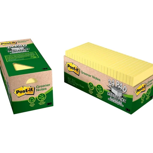 Post-it Post-It Notes<Recycled Notes, 3" x 3", Canary Collection, 75 Sheet/Pad, 24 Pads/Pack (654R24CPCY)