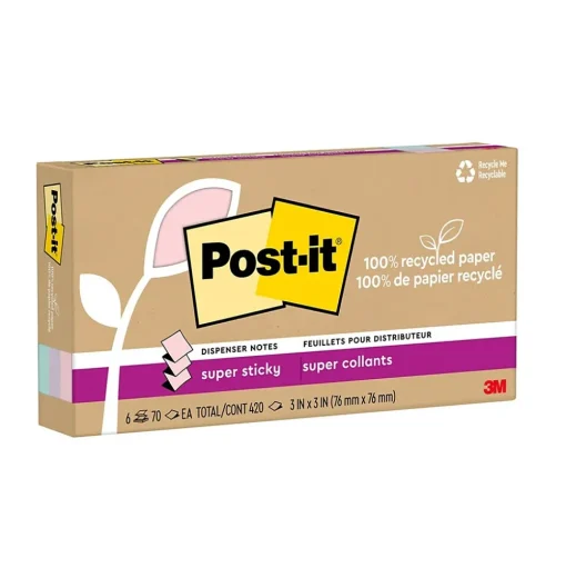 Post-it Post-It Notes<Recycled Super Sticky Pop-up Notes, 3" x 3", Collection, 70 Sheet/Pad, 6 Pads/Pack (R330R-6SSNRP)