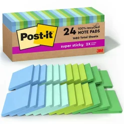 Post-it Post-It Notes<Recycled Super Sticky Notes, 3" x 3", Oasis Collection, 70 Sheet/Pad, 24 Pads/Pack (654R-24SST-CP)