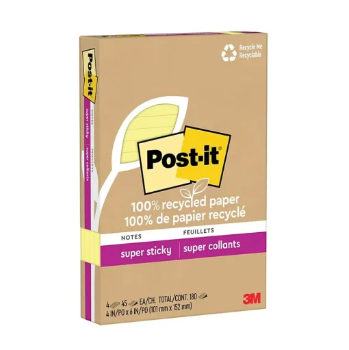 Post-it Post-It Notes<Recycled Super Sticky Notes, 4" x 6", Canary Collection, 45 Sheet/Pad, 4 Pads/Pack (4621R-4SSCY)