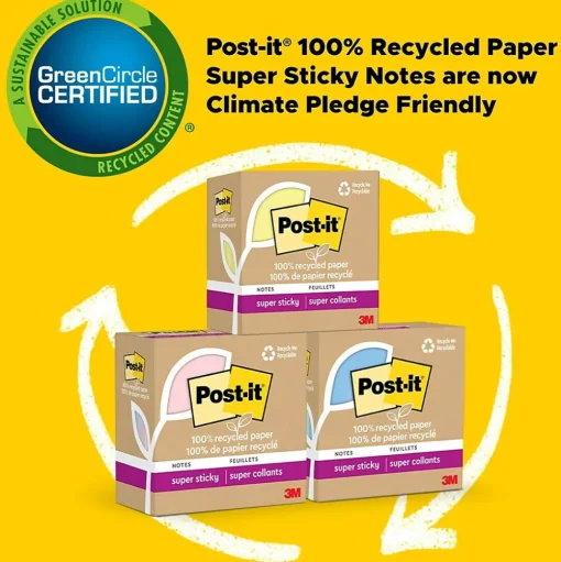 Post-it Post-It Notes<Recycled Super Sticky Notes, 4" x 6", Canary Collection, 45 Sheet/Pad, 4 Pads/Pack (4621R-4SSCY)
