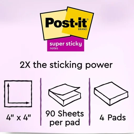 Post-it Post-It Notes<Recycled Super Sticky Notes, 4" x 4", Bora Bora Collection, Lined, 90 Sheet/Pad, 4 Pads/Pack (675-4SST)
