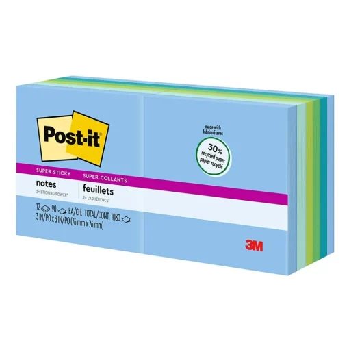 Post-it Post-It Notes<Recycled Super Sticky Notes, 3" x 3", Oasis Collection, 90 Sheet/Pad, 12 Pads/Pack (65412SST)