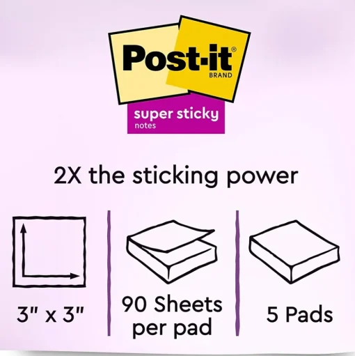 Post-it Post-It Notes<Recycled Super Sticky Notes, 3" x 3", Collection, 90 Sheet/Pad, 5 Pads/Pack (654-5SST)