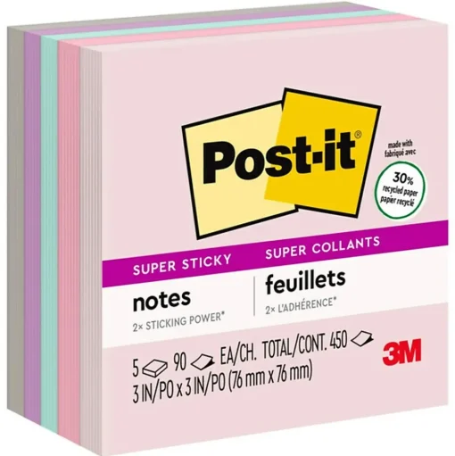 Post-it Post-It Notes<Recycled Super Sticky Notes, 3" x 3", Collection, 90 Sheet/Pad, 5 Pads/Pack (654-5SSNRP)