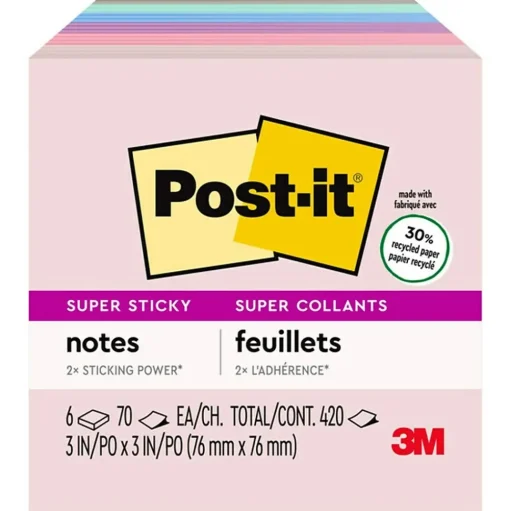 Post-it Post-It Notes<Recycled Super Sticky Notes, 3" x 3", Collection, 90 Sheet/Pad, 5 Pads/Pack (654-5SSNRP)