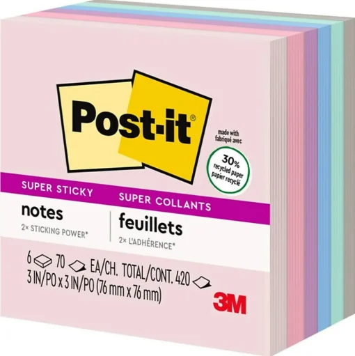 Post-it Post-It Notes<Recycled Super Sticky Notes, 3" x 3", Collection, 90 Sheet/Pad, 5 Pads/Pack (654-5SSNRP)
