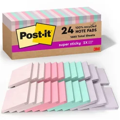 Post-it Post-It Notes<Recycled Super Sticky Notes, 3" x 3", Wanderlust Pastels Collection, 70 Sheet/Pad, 24 Pads/Pack (654R-24SSNRPCP)