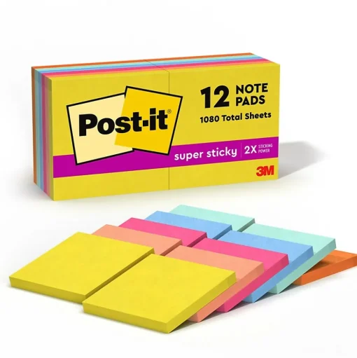 Post-it Post-It Notes<Super Sticky Notes, 3" x 3", Summer Joy Collection, 90 Sheet/Pad, 12 Pads/Pack (654-12SSJOY)