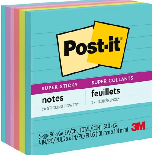 Post-it Post-It Notes<Super Sticky Notes, 4" x 4", Supernova Neons Collection, Lined, 90 Sheet/Pad, 6 Pads/Pack (675-6SSMIA)