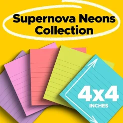 Post-it Post-It Notes<Super Sticky Notes, 4" x 4", Supernova Neons Collection, Lined, 90 Sheet/Pad, 6 Pads/Pack (675-6SSMIA)