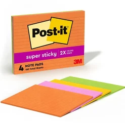 Post-it Post-It Notes<Super Sticky Notes, 8" x 6", Energy Boost Collection, Lined, 45 Sheet/Pad, 4 Pads/Pack (6845-SSPL)