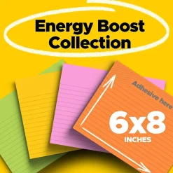 Post-it Post-It Notes<Super Sticky Notes, 8" x 6", Energy Boost Collection, Lined, 45 Sheet/Pad, 4 Pads/Pack (6845-SSPL)