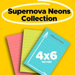 Post-it Post-It Notes<Super Sticky Notes, 4" x 6", Supernova Neons Collection, Lined, 90 Sheet/Pad, 3 Pads/Pack (660-3SSMIA)