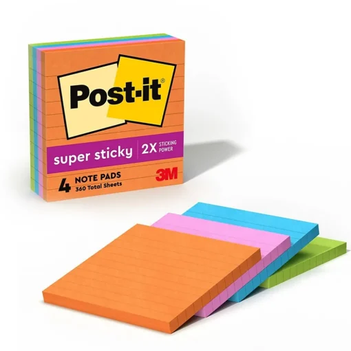 Post-it Post-It Notes<Super Sticky Notes, 4" x 4", Energy Boost Collection, Lined, 90 Sheet/Pad, 4 Pads/Pack (675-4SSUC)