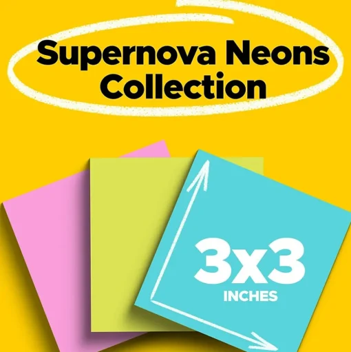 Post-it Post-It Notes<Super Sticky Notes, 3" x 3", Supernova Neons Collection, 45 Sheets/Pad, 3 Pads/Pack (3321-SSMIA)