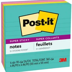 Post-it Post-It Notes<Super Sticky Notes, 4" x 4", Supernova Neons Collection, Lined, 90 Sheet/Pad, 4 Pads/Pack (675-4SSMIA)