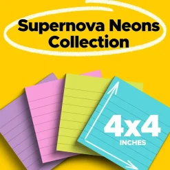 Post-it Post-It Notes<Super Sticky Notes, 4" x 4", Supernova Neons Collection, Lined, 90 Sheet/Pad, 4 Pads/Pack (675-4SSMIA)