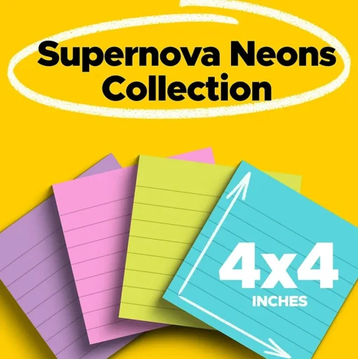 Post-it Post-It Notes<Super Sticky Notes, 4" x 4", Supernova Neons Collection, Lined, 90 Sheet/Pad, 4 Pads/Pack (675-4SSMIA)