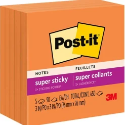 Post-it Post-It Notes<Super Sticky Notes, 3" x 3", Neon Orange, 90 Sheet/Pad, 5 Pads/Pack (654-5SSNO)