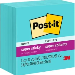 Post-it Post-It Notes<Super Sticky Notes, 3" x 3", Aqua Wave, 90 Sheet/Pad, 5 Pads/Pack (654-5AW)