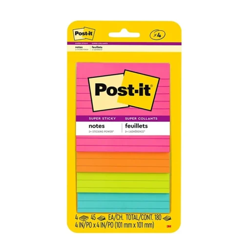 Post-it Post-It Notes<Super Sticky Notes, 4" x 4", Supernova Neons Collection, Lined, 45 Sheet/Pad, 4 Pads/Pack (4421-4SSMX)