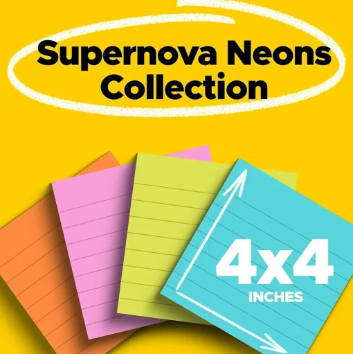 Post-it Post-It Notes<Super Sticky Notes, 4" x 4", Supernova Neons Collection, Lined, 45 Sheet/Pad, 4 Pads/Pack (4421-4SSMX)